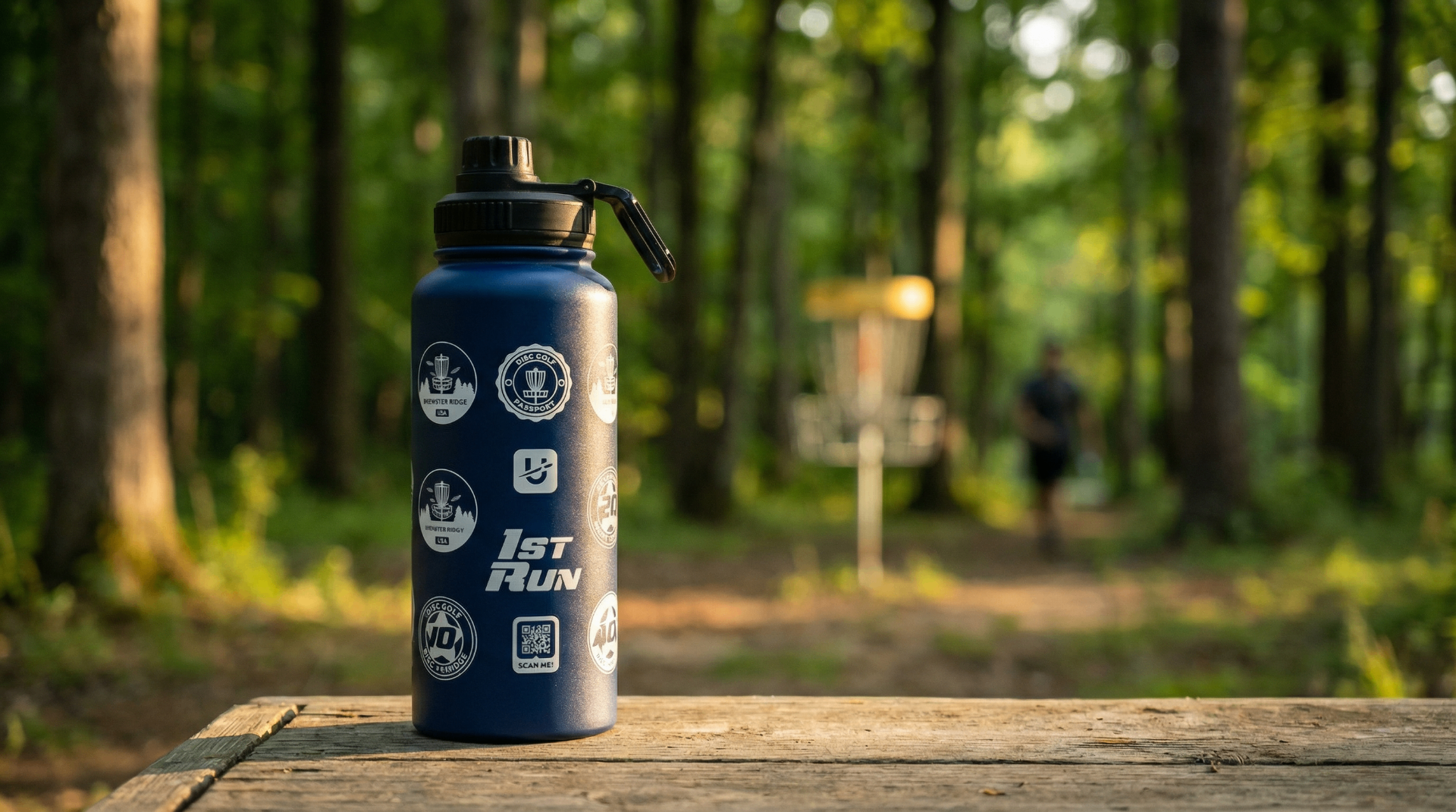 Disc Golf Passport Bottle – premium insulated water bottle with disc golf course stickers at a scenic disc golf course